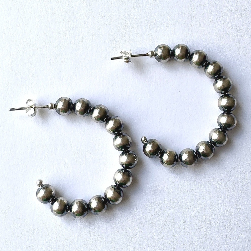 Navajo Pearl Hoop Earrings 1.5" Sterling Silver 6mm Bead Native American‎ - Picture 4 of 6
